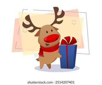 Christmas reindeer in red scarf delivering gifts. Christmas concept. Vector illustration can be used for festive banners and posters, flyers, greeting cards