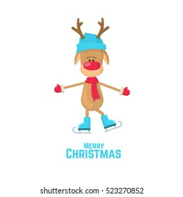 Christmas reindeer riding on skates. Vector illustration of a cartoon reindeer on white background.