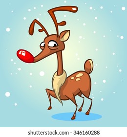 Christmas reindeer Rudolph red nose vector illustration snowy background