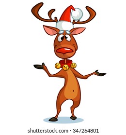Christmas reindeer Rudolph red nose in Santa Claus hat pointing a hand. Vector illustration