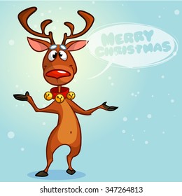 Christmas reindeer Rudolph red nose and speech bubble wishing merry Christmas  Vector character snowy background
