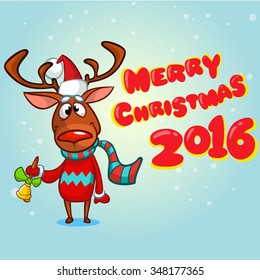 Christmas reindeer Rudolph red nose in Santa hat ringing bell  Vector illustration snowy background