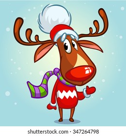 Christmas reindeer Rudolph in Santa Claus hat   striped scarf pointing hand  Vector illustration snowy background