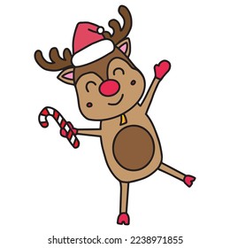 Christmas Reindeer, Rudolph and santa hat cartoon characters - happy feeling. Design for Greeting card of New Year and Christmas. Flat Vector illustration isolate on white background.