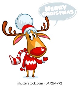 Christmas reindeer Rudolph in Santa hat with speech bubble. Vector illustration on white background