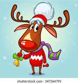 Christmas reindeer Rudolph in Santa hat ringing bell  Vector illustration snowy background