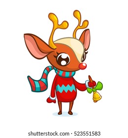 Christmas reindeer Rudolph in Santa hat ringing a bell. Vector illustration isolated