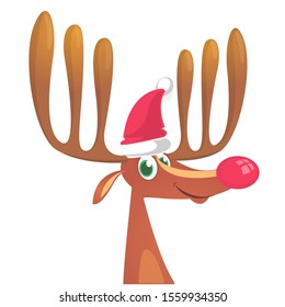 Christmas reindeer in Santa Claus hat and jingle bells collar. Vector illustration isolated