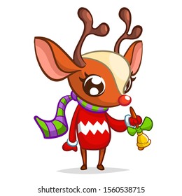 Christmas reindeer in Santa Claus hat ringing a bell. Vector illustration isolated on white