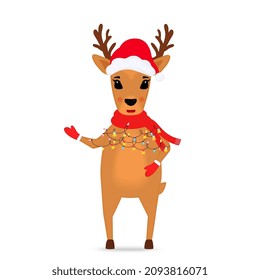Christmas reindeer in a Santa Claus hat and a scarf