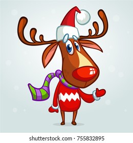 Christmas reindeer in Santa Claus hat and striped scarf pointing a hand. Vector illustration on snowy background