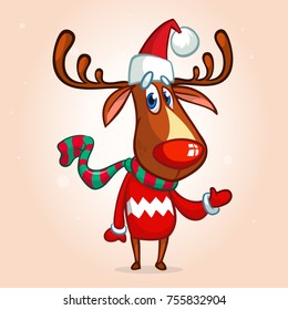 Christmas reindeer in Santa Claus hat and striped scarf pointing a hand. Vector illustration isolated