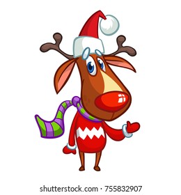 Christmas reindeer in Santa Claus hat and striped scarf pointing a hand. Vector illustration isolated on white