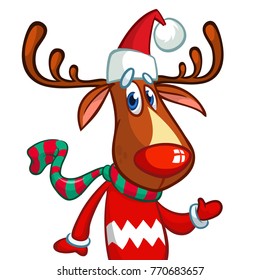 Christmas reindeer in Santa Claus hat and striped scarf pointing a hand. Vector illustration isolated on white