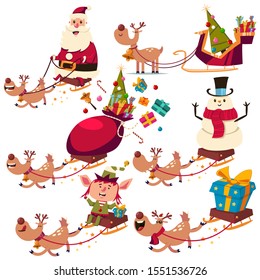 Christmas reindeer, Santa Claus, snowman and elf characters on sleigh vector cartoon set isolated on white background.