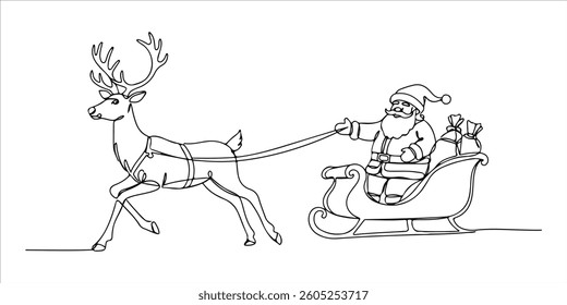 christmas reindeer and Santa Claus Wild animal deer with antlers single line art drawing sketch on white background