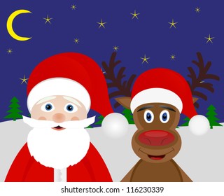 Christmas Reindeer and Santa Claus in the woods at night