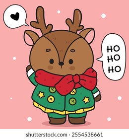 Christmas reindeer Santa festive costume cute deer animals. Kawaii sticker. Series: ho ho ho xmas (whimsical characters). Happy new year greeting card. Holiday cartoon kids winter season. Flat 