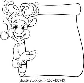 Christmas reindeer in a Santa hat cartoon character peeking around a scroll sign and pointing at it