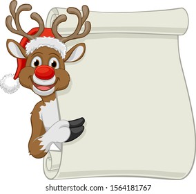 Christmas reindeer in a Santa hat cartoon character peeking around a scroll sign and pointing at it