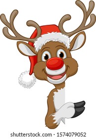 Christmas reindeer in a Santa hat cartoon character peeking around a sign and pointing at it