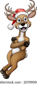 Christmas reindeer in Santa Hat cartoon character in relaxed position. With space behind for your item or sign for them to be leaning on.