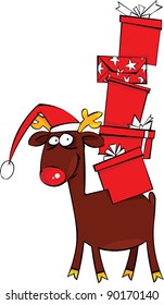 Christmas Reindeer with Santa Hat and huge pile of gift