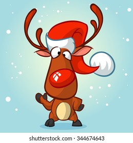 Christmas reindeer in santa hat vector illustration on snowy background