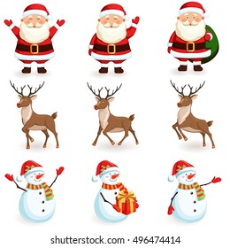 Christmas reindeer, santa, snowman set. Cartoon holiday moving characters vector illustration. 