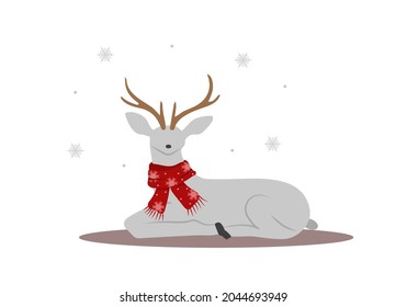 Christmas reindeer in scarf. Cute deer with antlers. Winter design element. Vector illustration in flat cartoon style.