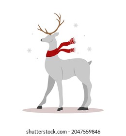 Christmas reindeer in scarf. Cute deer with antlers. Winter design element. Vector illustration in flat cartoon style.