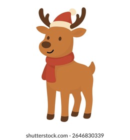Christmas reindeer with scarf and hat stands smiling in festive mood. This reindeer illustration captures cozy charm of a holiday-ready reindeer.