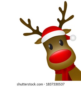 Christmas reindeer with a scarf and a santa claus hat on a white background. Vector illustration for a festive design