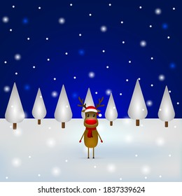 Christmas reindeer with a scarf and a santa claus hat standing in the forest. Vector illustration for a festive design