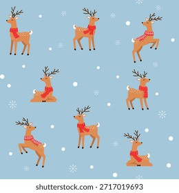 christmas reindeer seamless pattern with cute deer wearing red scarves, winter holiday illustration with snowflakes and snow dots, repeating festive background for fabric, wrapping paper, kids design and seasonal decor
