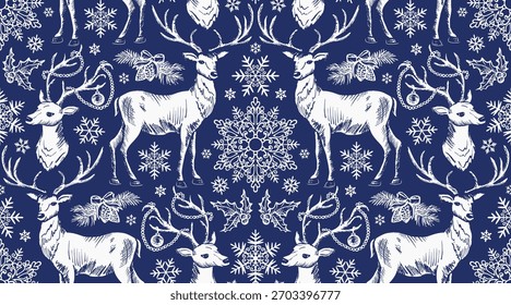 Christmas reindeer seamless pattern on navy blue background. Vector illustration.