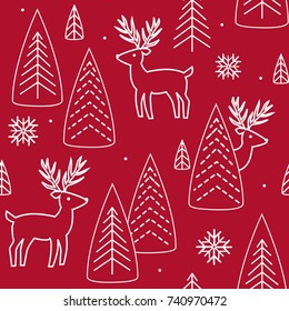 Christmas reindeer seamless pattern. Red and white background with forest and deers. Northern winter style. Vector illustration.