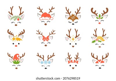 Christmas reindeer set. Kids holiday design with deer faces. Cute cartoon character. Vector decoration elements for celebrating Christmas and New Year.