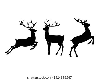 Christmas reindeer silhouette collection isolated on white background, Deer  animal shape vector silhouette  illustration, reindeer jumping .