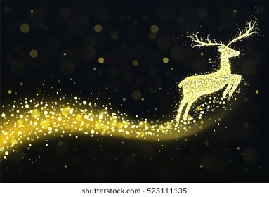 Christmas reindeer silhouette with golden twinkling lights.