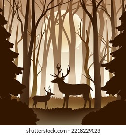 Christmas Reindeer Silhouette in the Middle of the Forest. Merry Christmas Greeting Card