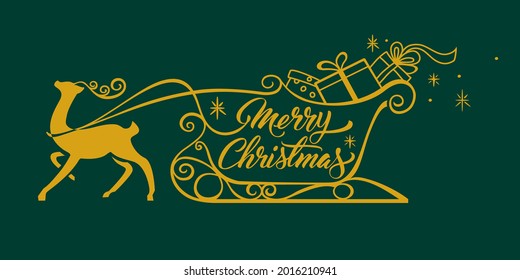 Christmas reindeer sleigh carrying gifts, line logo, merry christmas invitation