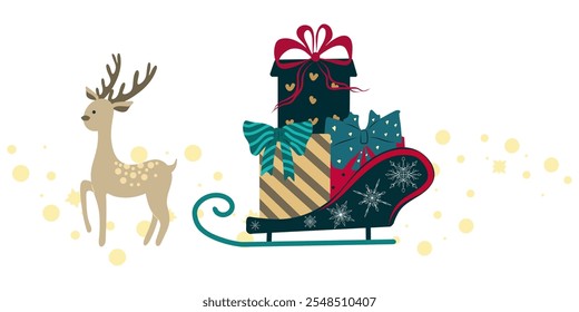 Christmas reindeer with sleigh full of gift boxes and stars all around, Christmas deer pulls a sled with gifts, vector illustration, Christmas postcard