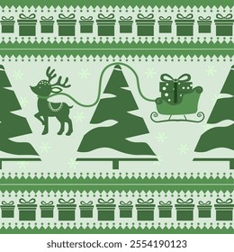 Christmas Reindeer Sleigh Pattern with Gift Boxes and Evergreen Trees - Festive Holiday Design