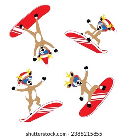 Christmas reindeer snowboarding in ski goggles and Santa Claus hat. Vector illustration.
