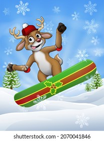 A Christmas Reindeer snowboarding in a winter scene on his or her snow board cartoon background