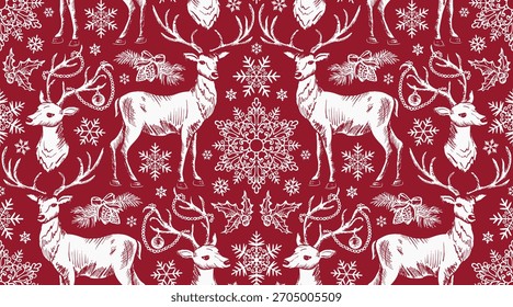 Christmas reindeer and snowflakes seamless pattern. White animals on red background