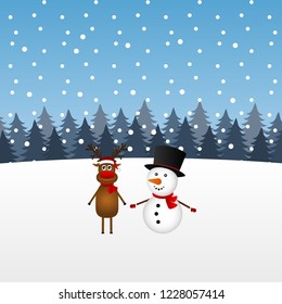 Christmas reindeer and snowman in the forest with snowfall