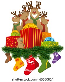 christmas reindeer with christmas socks and gifts and tree