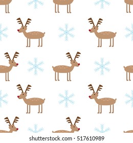 Christmas reindeer and sowflake seamless pattern on the white background. Holyday winter pattern vector illustration.